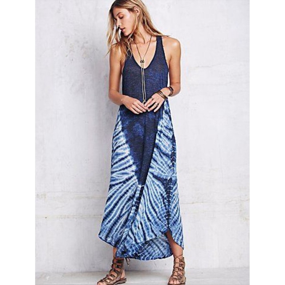 Free People Blue Tie Dye Sharkbite Hem Maxi Dress Sleeveless Racerback